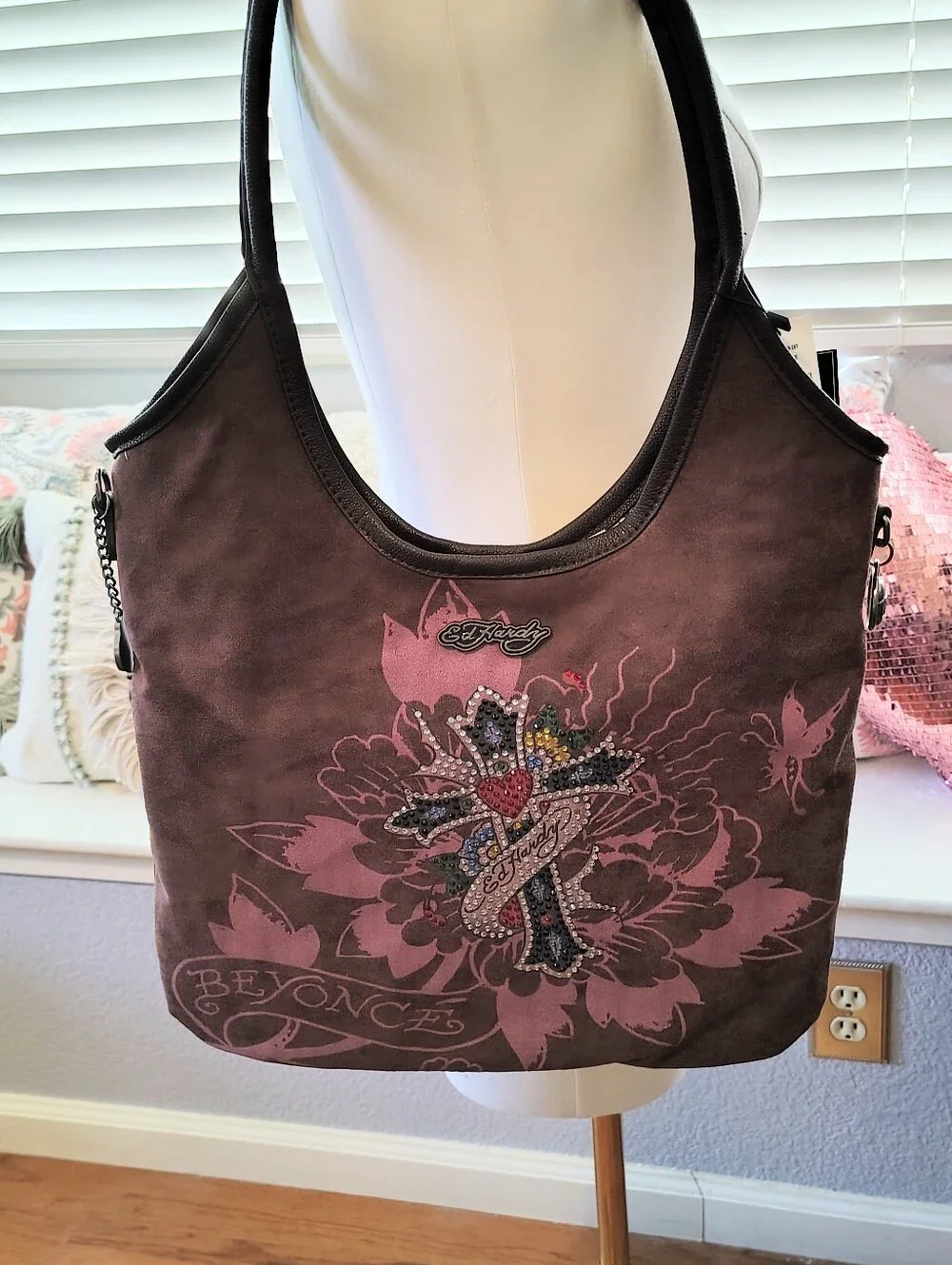 Ed Hardy Brown Suede Pink Floral Rhinestone Cross Beyonce Hobo Satchel Bag